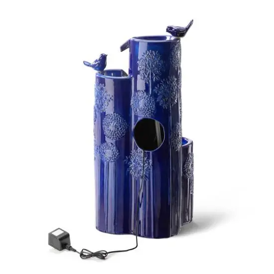 Glitzhome&reg; 31.75" Cobalt Blue 4-Tier Dandelion Texture Vase-Shaped Ceramic Outdoor Fountain with LED Light {8}