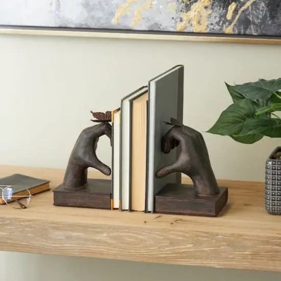 7.5" Dark Brown Hands Heart Inspired Decorative Bookend Set with Butterfly & Copper Accents {3}