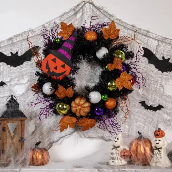 24'' Unlit Jack-O-Lantern in Witches Hat Halloween Pine Wreath {3}