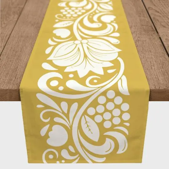 Folk Floral Yellow 16" x 72" Cotton Twill Runner {1}