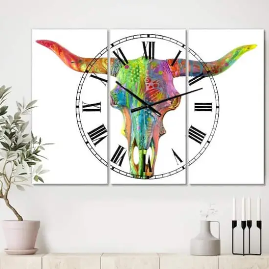 Designart Longhorn Rainbow Skull Oversized Modern 3 Panel Wall Clock {3}