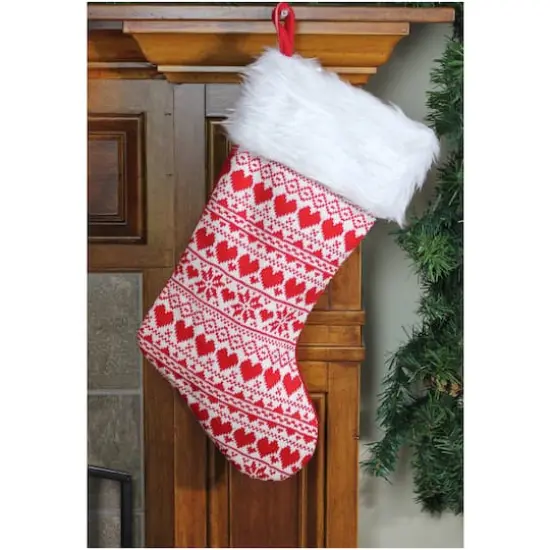 19" Red & White Hearts with Snowflakes Knit Christmas Stocking Faux Fur Cuff {5}