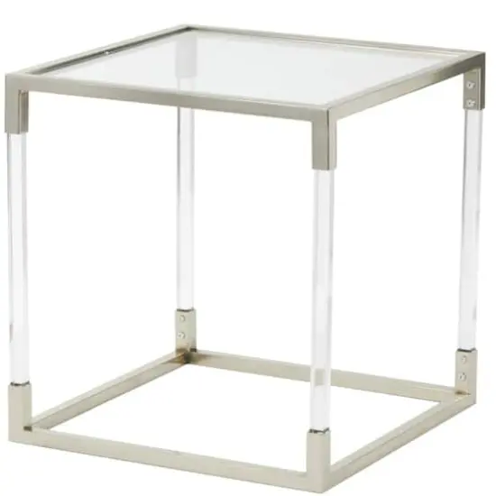 20.25" Silver Metal Floral Cube Shaped Accent Table with Clear Glass Top {1}