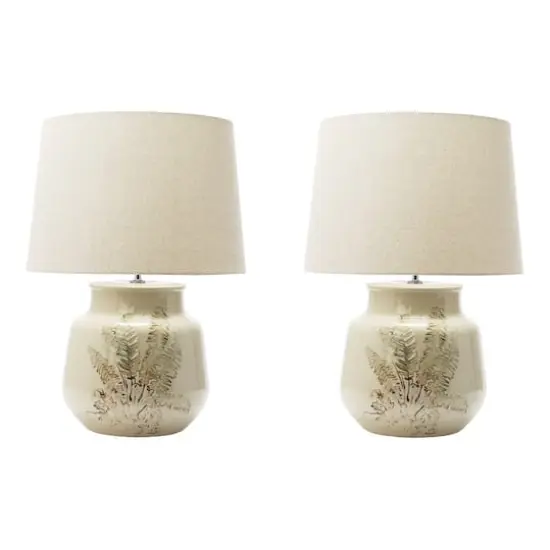 Hello Honey&reg; 22" Cream and Green Reactive Crackle Glaze Debossed Botanical Stoneware Table Lamp with Linen Shade Set {1}