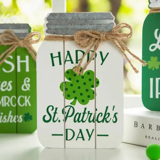 Glitzhome® 7" Set of 3 St. Patrick's Wooden Mason Jar Table decor {6}