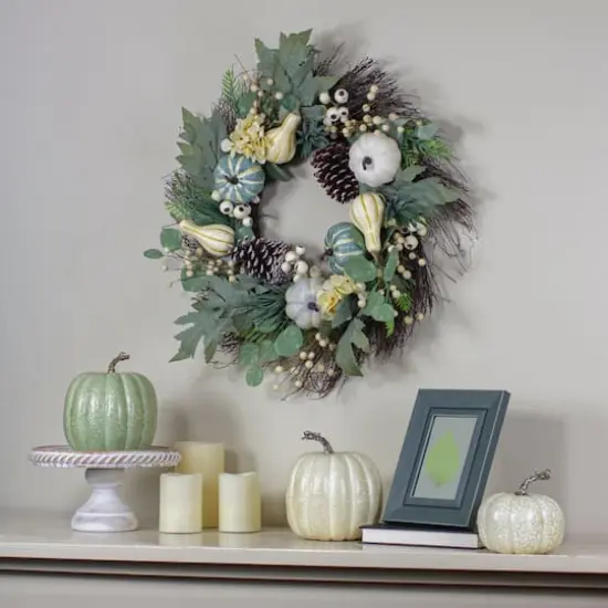 22" Green & White Pumpkins & Berries Fall Harvest Wreath {3}