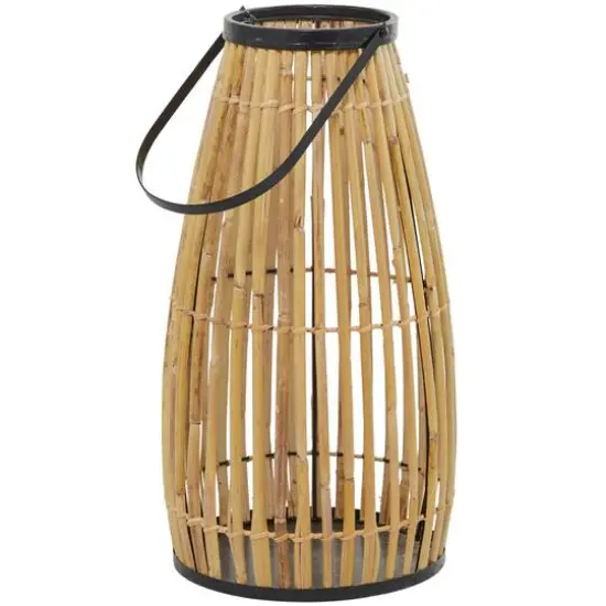20" Brown Wicker Handmade Slatted Frame Candle Lantern with Handle {5}