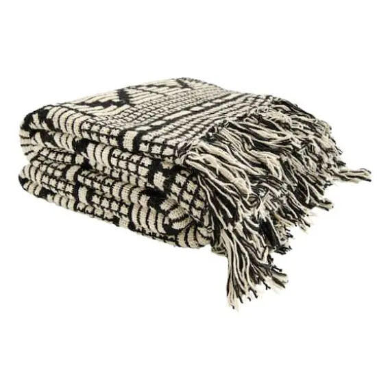 Hello Honey&reg; Black & Beige Woven Cotton Blend Throw Blanket with Fringe {5}