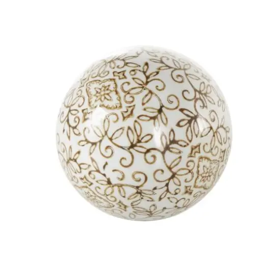 3.5" White & Brown Floral Ceramic Decorative Ball Orbs Set {4}