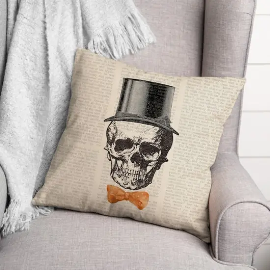 Skull Tophat Newspaper Bowtie Spun Poly Throw Pillow {3}