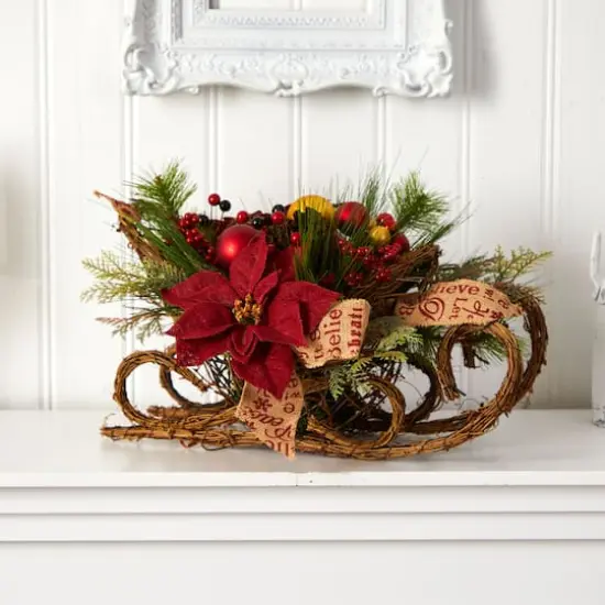 18" Christmas Sleigh with Poinsettia, Berries & Pinecone Artificial Arrangement with Ornaments {3}