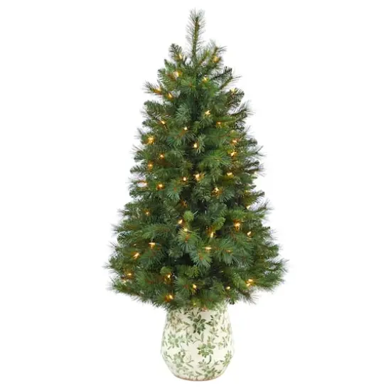 4.5ft. Pre-Lit West Virginia Mountain Pine Artificial Christmas Tree in Floral Planter, Clear Lights {1}
