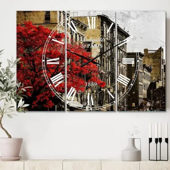 Designart Red Tree on Black & White New York City Street Industrial Multipanel Wall Clock {3}