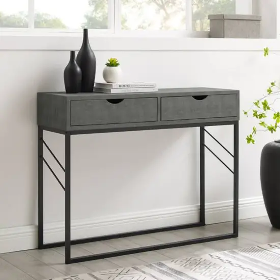 Walker Edison Gray 2-Drawer Faux Shagreen Entry Table {3}