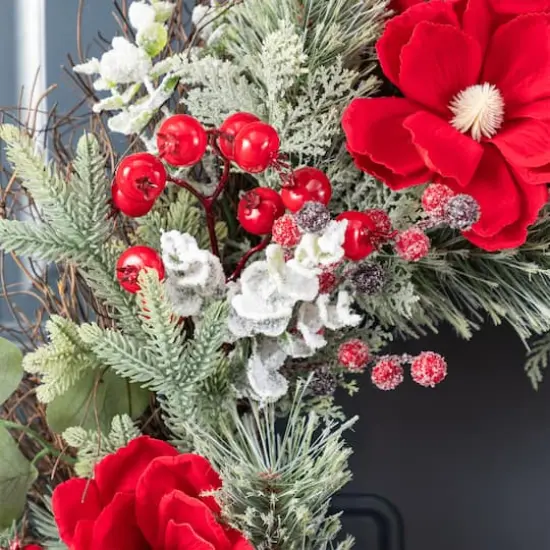 Glitzhome&reg; 24"D Christmas Red Mangnolia & Berry Wreath {6}