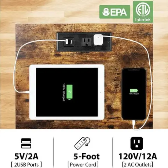 NEX&trade; Rustic Brown Nightstand End Table with USB Ports & Power Outlets {6}