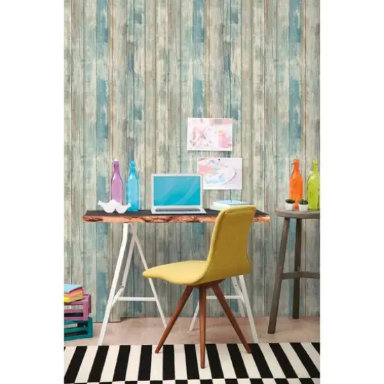 RoomMates Blue Distressed Wood Peel & Stick Wallpaper {4}