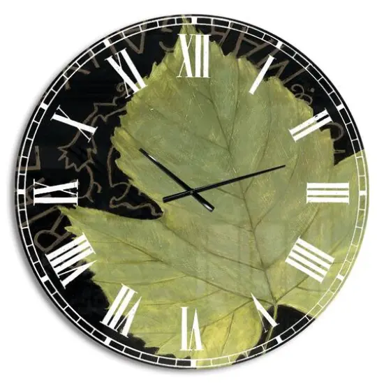 Designart 'Handpainted Green Leaf On Black Traditional Wall Clock {1}