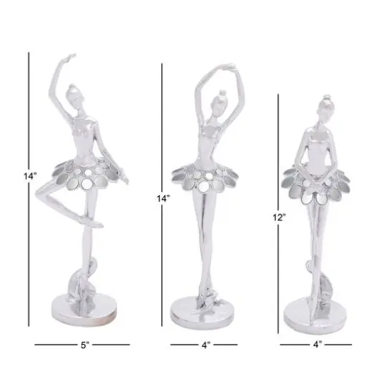 Set of 3 Silver Polystone Modern Dancer Sculpture, 14", 14", 12" {9}