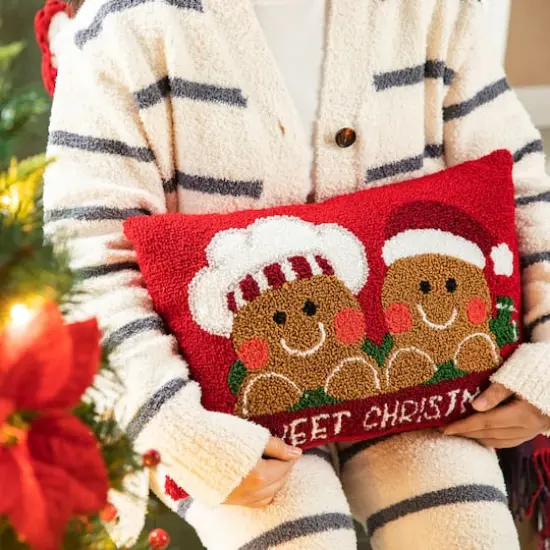 Glitzhome&reg; 18" Hooked Gingerbread Boy & Girl Pillow {5}
