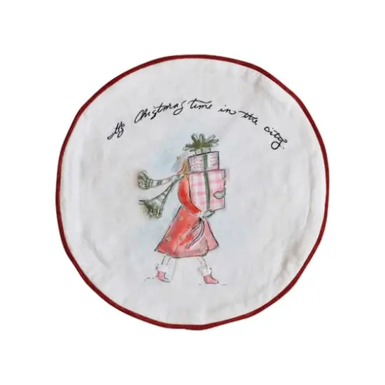 Hello Honey® 16" Round Printed Cotton Pillow with Holiday Girl, Piping & Velvet Back {1}