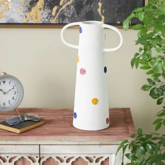 16" White & Multicolor Spots Slim Cone Ceramic Decorative Vase with Handles {3}