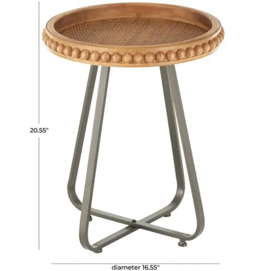 20.5" Brown Wood Beaded Accent Table with Rounded Gray Metal Base & Rattan Accent {8}