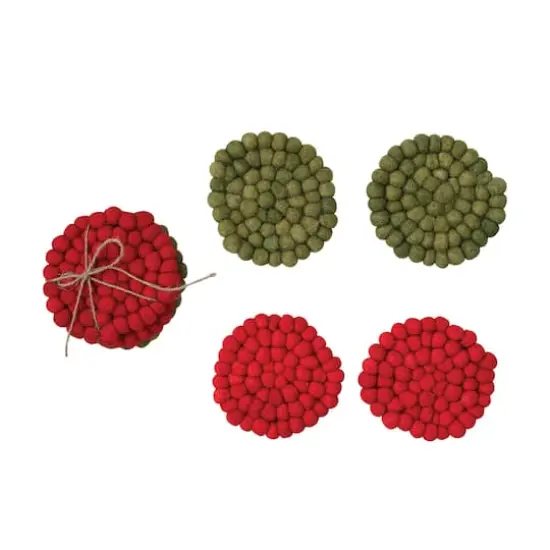 Hello Honey&reg; 4" Red & Green Handmade Wool Felt Ball Coaster Set {1}