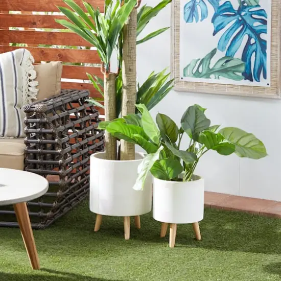 Set of 2 White Polystone Contemporary Planter, 13" 16" {8}