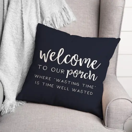 18" x 18" Welcome to Our Porch Versatile Throw Pillow Navy {3}