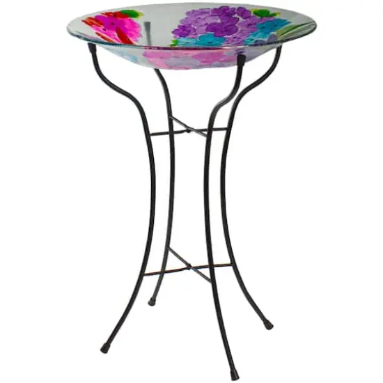 18'' Pink and Purple Dragonflies Hand Painted Glass Birdbath {4}