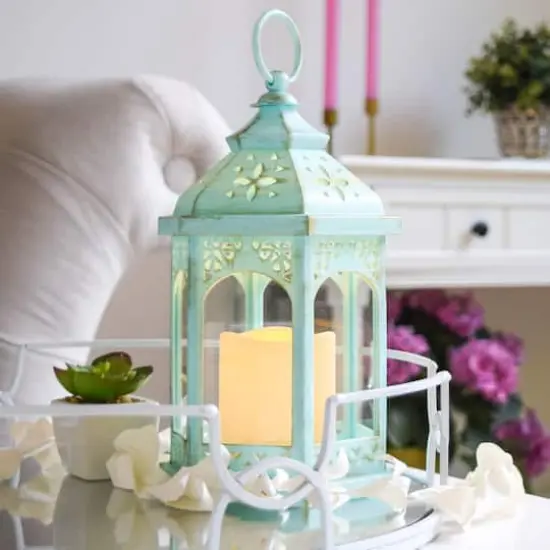 LED Blue Hexagon Distressed Lantern Set {4}