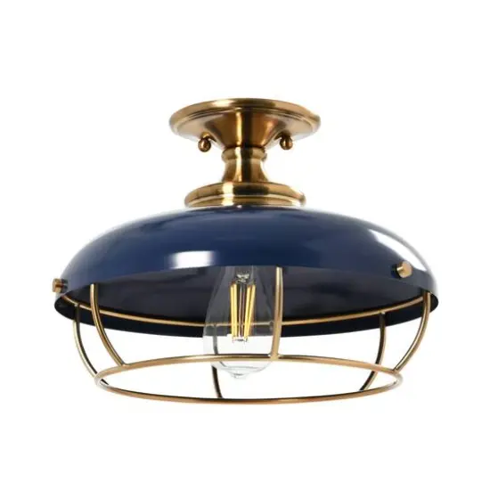Hello Honey&reg; 13" Wide Caged Dome Metal Semi-Flush Mount Ceiling Light Brushed Brass and Navy Blue {5}