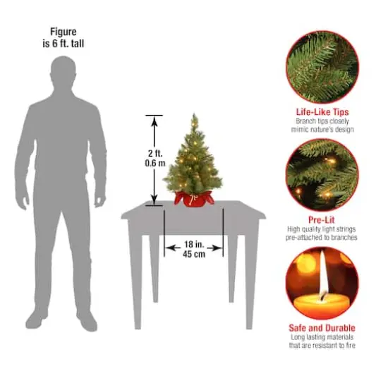 24" Pre-Lit Majestic Fir Tree In Burgundy Cloth Bag, Clear Lights {5}
