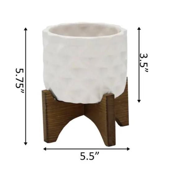 Flora Bunda 5" Matte White Ceramic Dimple Pattern Planter On Wood Stand {3}