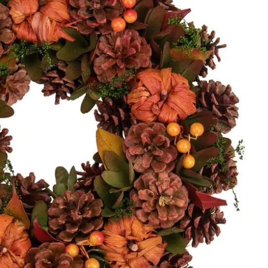 13.75" Brown & Orange Fall Wreath With Pumpkins & Pinecones {3}