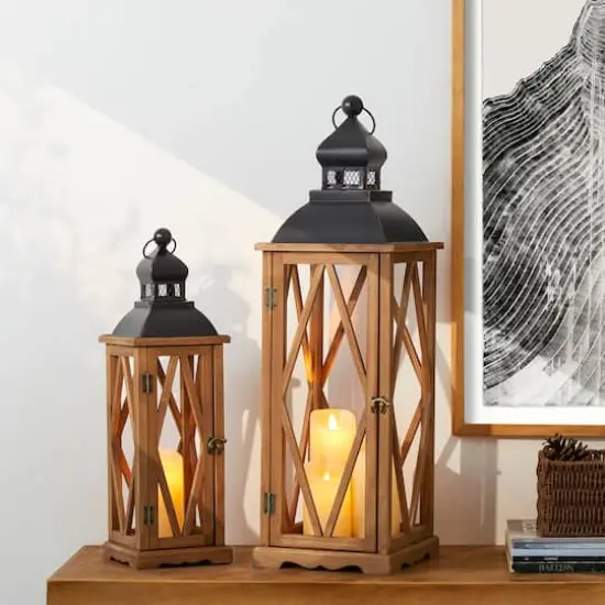 Glitzhome&reg; Farmhouse Antique Diamond Wood & Metal Lanterns Set {3}