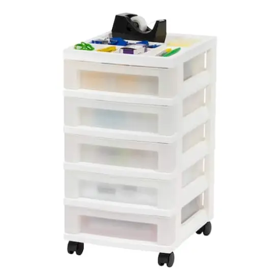 IRIS White 5-Drawer Storage Cart With Organizer Top {1}