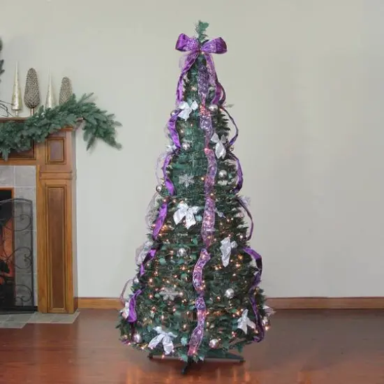 6ft. Pre-Lit Purple & Silver Pre-Decorated Pop-Up Artificial Christmas Tree, Clear Lights {3}