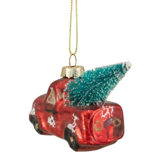 4" Red Metallic Truck with a Sisal Tree Glass Christmas Ornament {5}