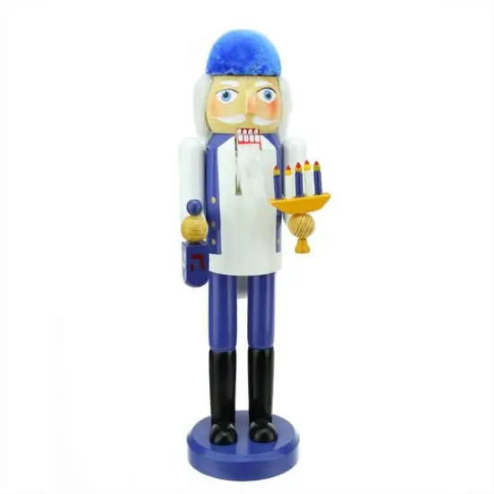 14" Blue & White Wooden Hanukkah Nutcracker with Menorah and Dreidel {1}