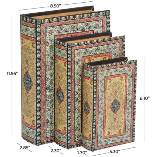 Arabesque Pattern Canvas Storage Book Box Set Green/Yellow/Red {8}