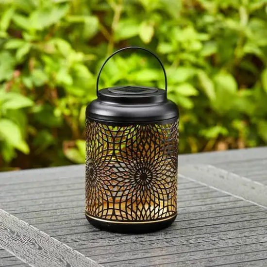 Glitzhome&reg; 9" Cutout Metal Solar Powered Outdoor Hanging Lantern Black/Gold {3}