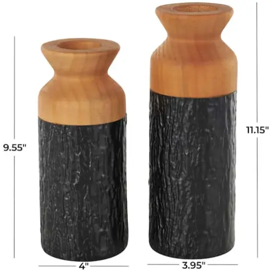 Black & Natural Textured Color Block Metal & Wood Vase Set {5}