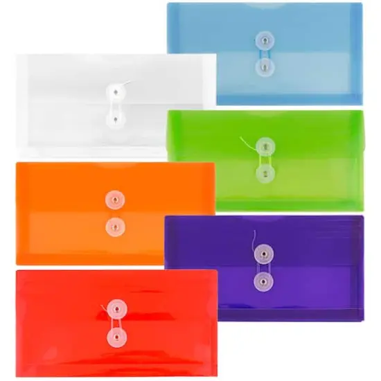 JAM Paper 5.25" x 10" Assorted Button & String Tie Closure Plastic Envelopes, 6ct. {1}