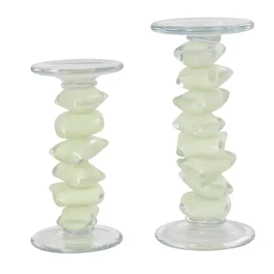 Green Glass Stacked Stone Candle Holder Set {1}