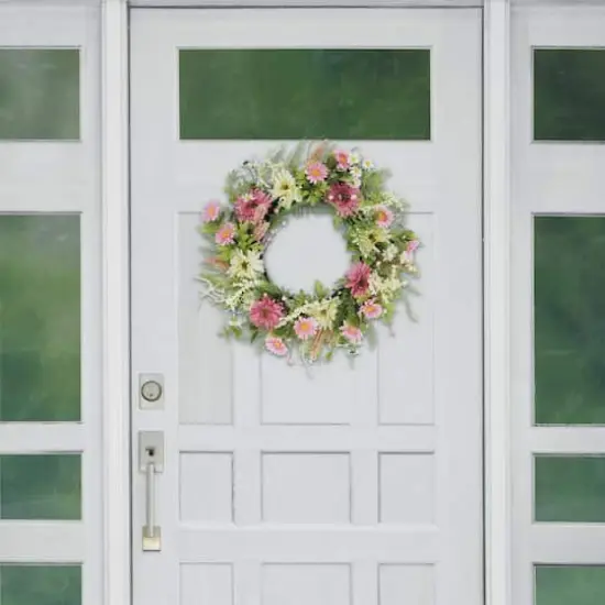 24" Pink Mum & Daisy Floral Spring Wreath {4}
