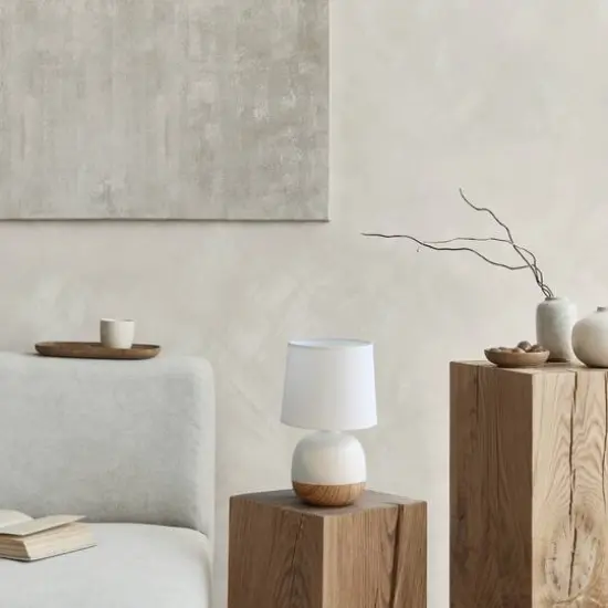 Simple Designs 12" Petite Mid Century Light Woodgrain Base Table Lamp Off White {6}