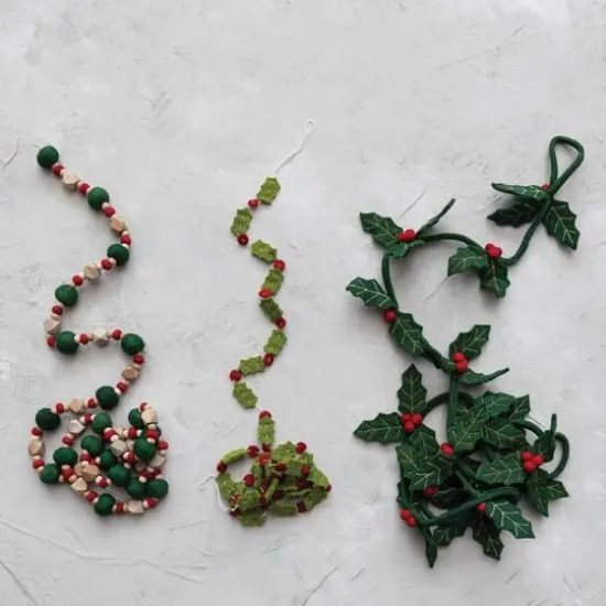 Hello Honey® 6ft. Green & Red Handmade Wool Felt Gold Embroidered Holly Leaves & Berries Wired Garland {4}