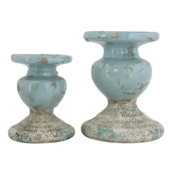 Hello Honey&reg; 7'' Blue Distressed Terracotta Pillar Candle Holder {7}